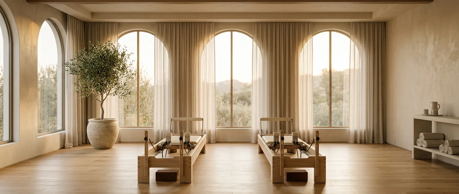 The Lumen Pilates studio, with reformers arranged in warm afternoon light