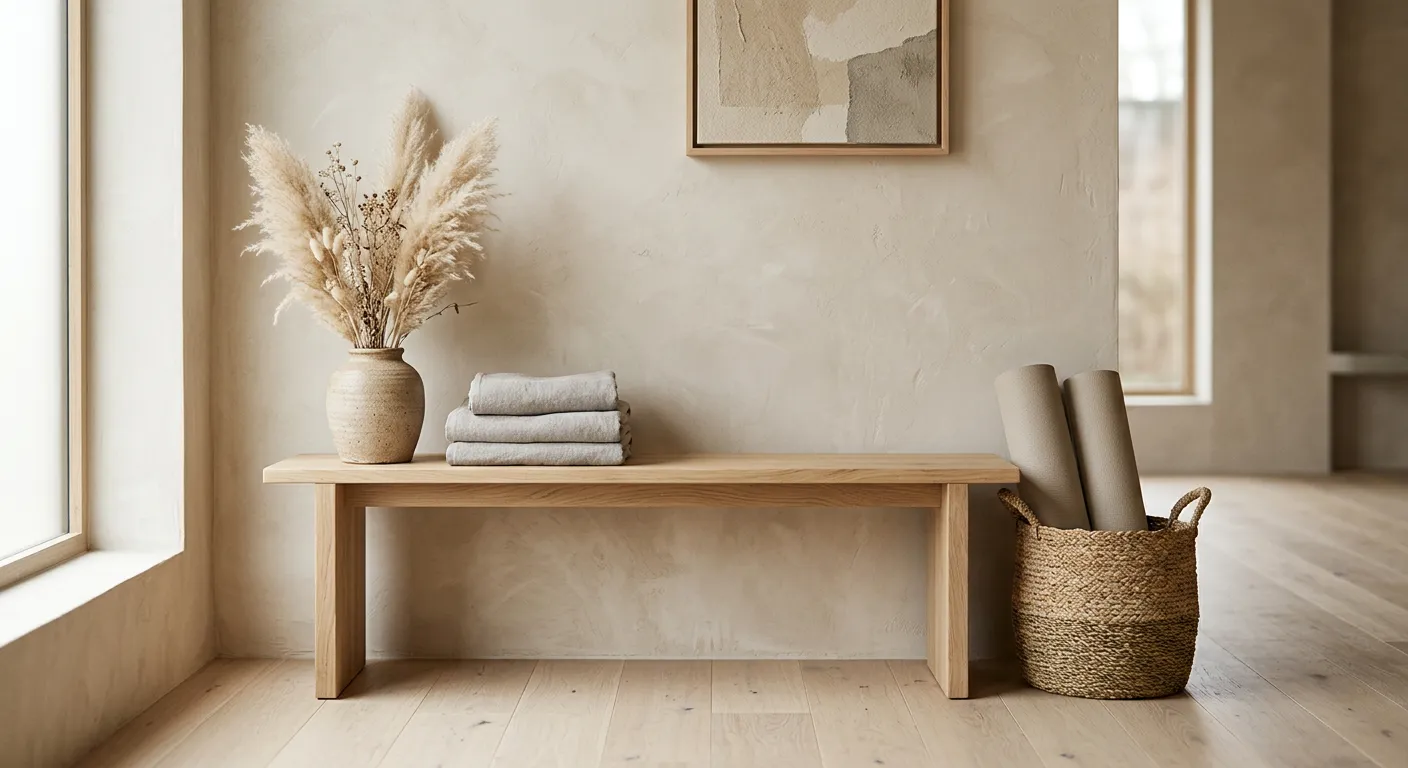 A quiet corner of the studio with folded towels and dried grasses